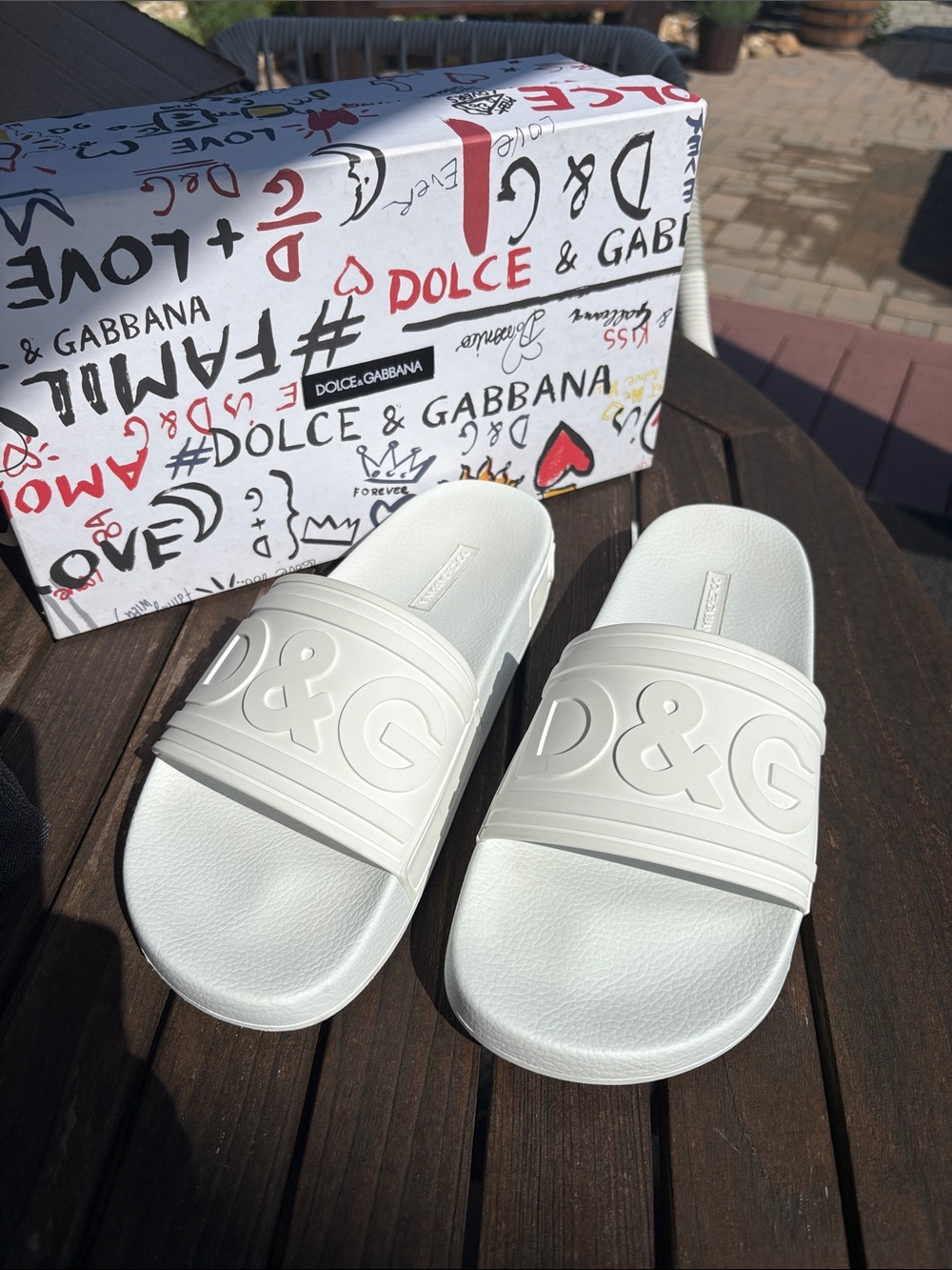 Dolce & Gabbana White Embossed D&G Rubber Slide Sandals SZ 9